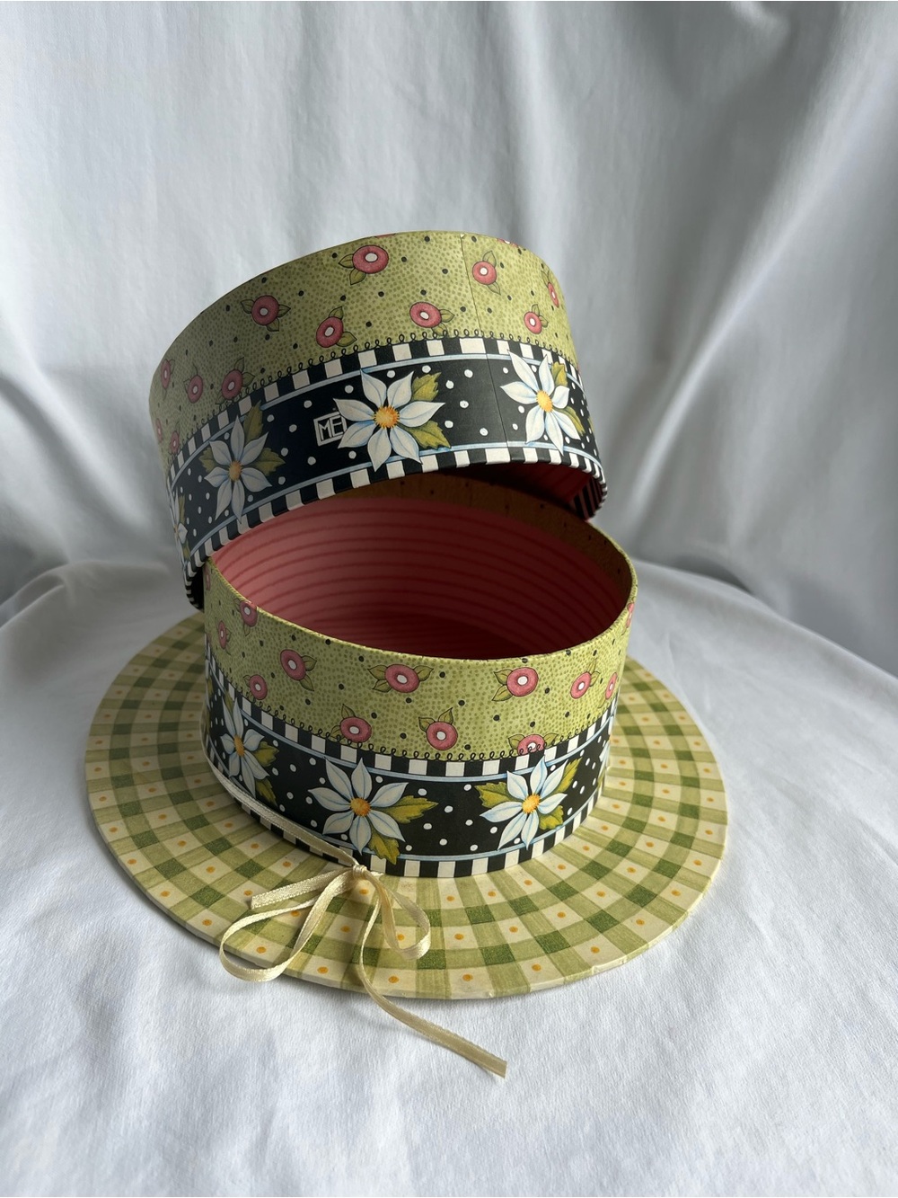 Punch Studio Green Floral Round Decorative Hat Box with Pink Interior
